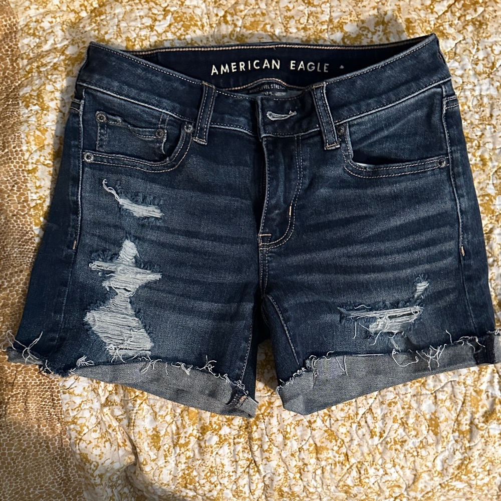 American Eagle Outfitters Women's Ripped Jean Shorts - Dark Blue